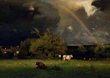 Stormy Sky with Rainbow over a Pasture