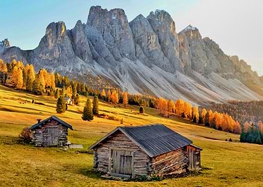 Rustic Cabins in Autumn Mountain Landscape