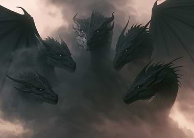 Five Dragons Emerging from Smoke