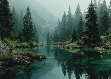 Misty Mountain Lake with Pine Forest