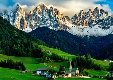 Alpine Village with Snow-Capped Mountains