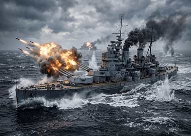 Battleship Firing Torpedoes in Stormy Seas
