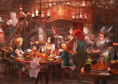 Fantasy characters celebrating at a feast
