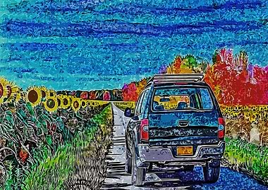 SUV driving through sunflower field