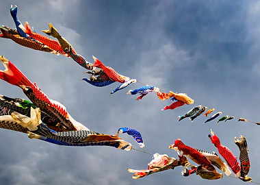Koinobori Carp Streamers Against Cloudy Sky