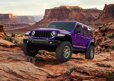 Purple Jeep Wrangler in Desert Landscape