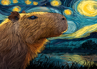 Capybara in Starry Night Style