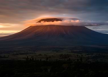 Volcano at Sunset with Lenticular Clouds