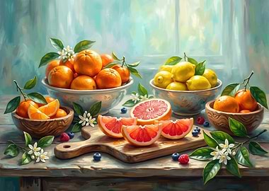 Still life of citrus fruits and berries