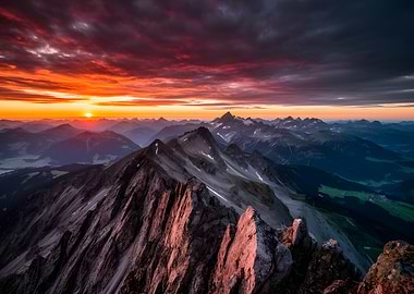 Dramatic Mountain Sunrise Over Alpine Landscape