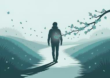 Person walking on a path with falling leaves