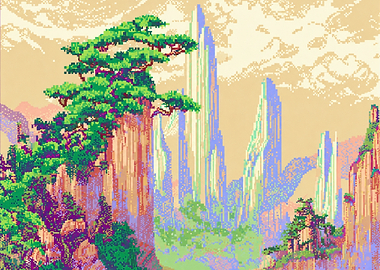 Pixel Art Mountain Landscape with Pine Tree