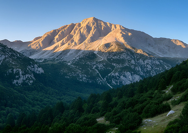 Sunlit Mountain Peak Over Forest Valley