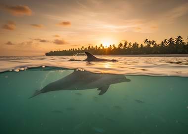 Dolphins swimming at sunset