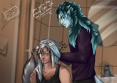 Two anthropomorphic characters in a domestic setting