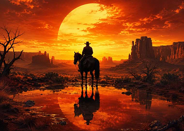 Cowboy at Sunset in the Desert