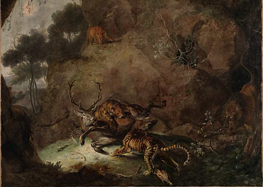 Tigers attacking a deer in a rocky landscape