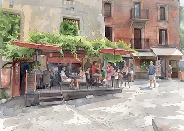 French Cafe Scene with People Dining