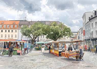 Outdoor Market Scene with People and Stalls