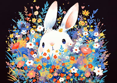 Cute Bunny in a Field of Flowers