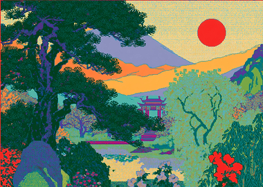 Pixel Art Japanese Garden Landscape