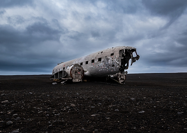 Wrecked Airplane on Black Sand Beach