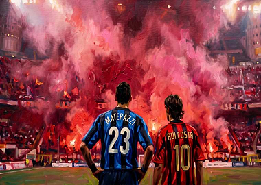 Football players in stadium with flares