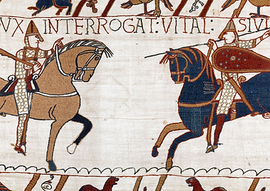 William Asking a Knight if he has seen Harold's Army Bayeux Tapestry Scene 49