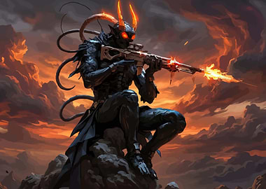 Demon Sniper in Fiery Landscape