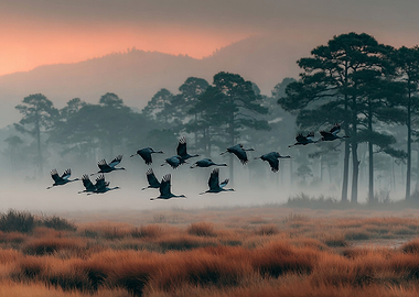 Cranes Flying at Sunrise
