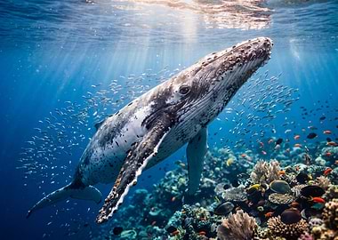 Humpback whale swimming with fish