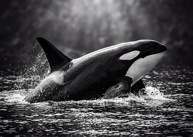 Orca breaching in black and white