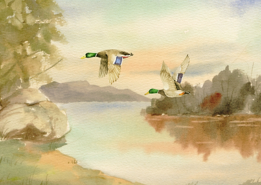 Ducks flying over a lake