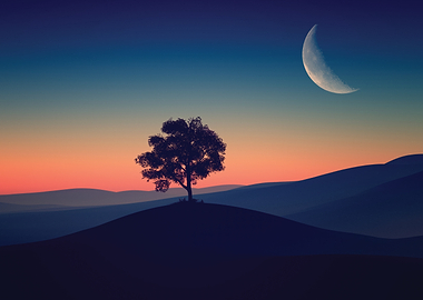 Lone Tree Under Crescent Moon