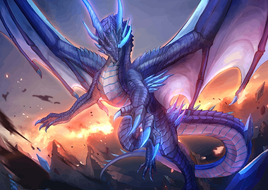 Blue Dragon in Fiery Landscape