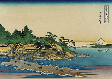 Coastal Village with Mount Fuji