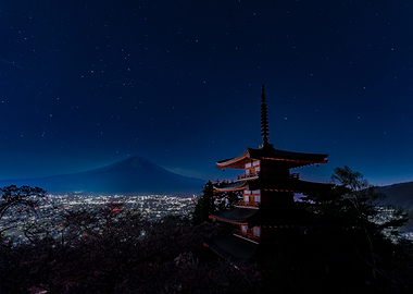 Pagoda and Mount Fuji at Night