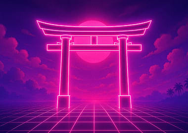 Neon Torii Gate Sunset Grid
