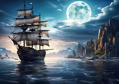 Sailing Ship Under a Full Moon