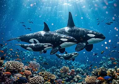 Orca family swimming in coral reef