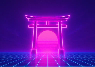 Neon Torii Gate Sunset Grid
