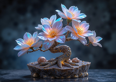 Enchanted Bonsai Tree with Glowing Flowers