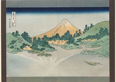 Mount Fuji Landscape with Village and Boat