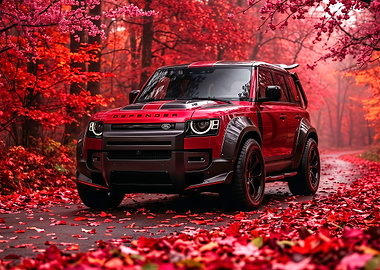 Red Defender SUV in Autumn Forest