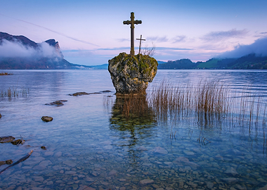 Cross on Rock in Lake Mondsee