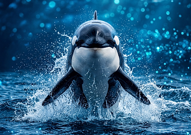 Orca breaching in blue water