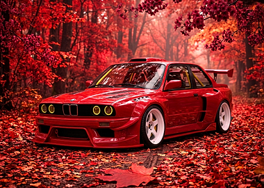 Red BMW M3 E30 in Autumn Forest