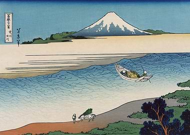 Mount Fuji and a boat on the water