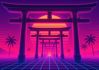 Retro Sunset Torii Gates