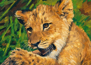 Lion Cub Playing in Grass